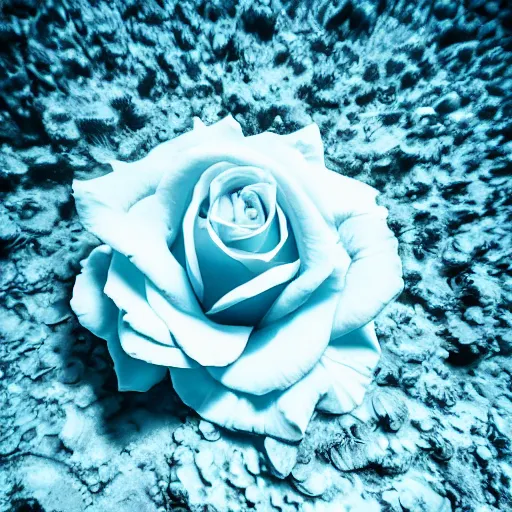 Prompt: rose underwater, award winning cyan and white photography, high contrast, high definition