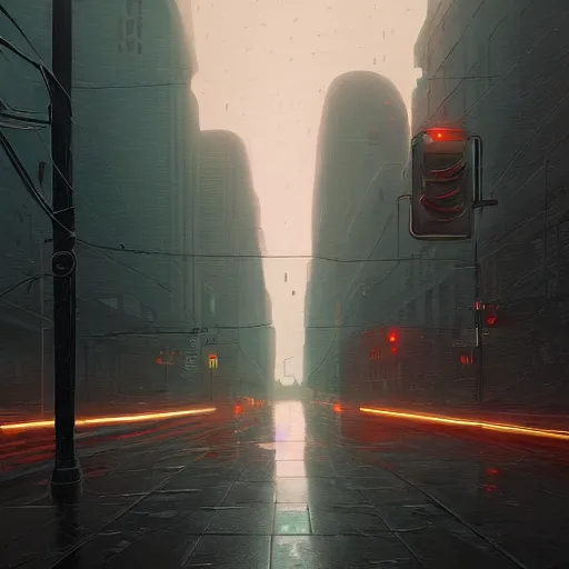 Image similar to an empty street at dusk, with a giant eldritch god emerging from the sky, rainy, wet streets, digital oil painting by simon stalenhag