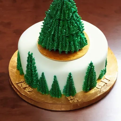 Prompt: Birthday cake with Cedar tree in background, detailed, exciting