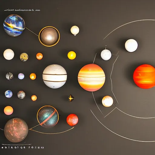Prompt: a kinetic sculpture of this solar system, sun, mercury, venus, earth, mars, jupiter, saturn, uranus, neptune, pluto, orrery, canon 5 d 5 0 mm lens, papier - mache, studio, circa 3 0 6 0