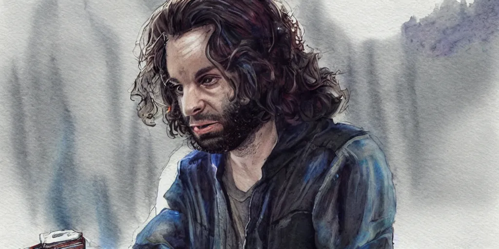 Image similar to a realistic star wars watercolor fantasy concept cart of chris d'elia as a drug dealer in a sleazy futuristic city of coruscant, hq, 4 k