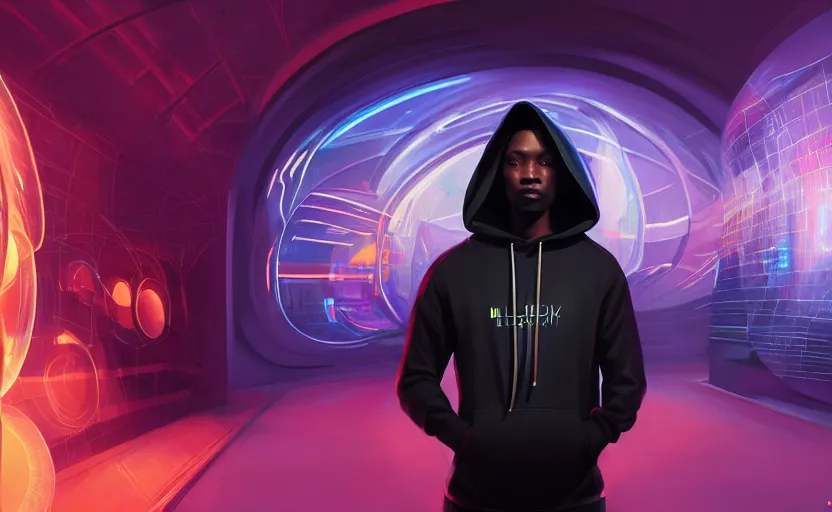 Image similar to portrait of handsome black genius wearing a hoodie in front several curved holographic displays, luxury condo interior, elegant atmosphere, glowing lights, highly detailed, digital painting, artstation, concept art, smooth, sharp focus, illustration, art by wlop, mars ravelo and greg rutkowski