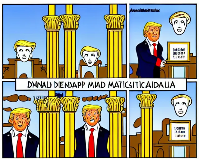 Prompt: donald trump in mathemagic land, in the style of disney, golden ratio, roman pillars, greek architecture, aesops fables, instructional cartoon movie