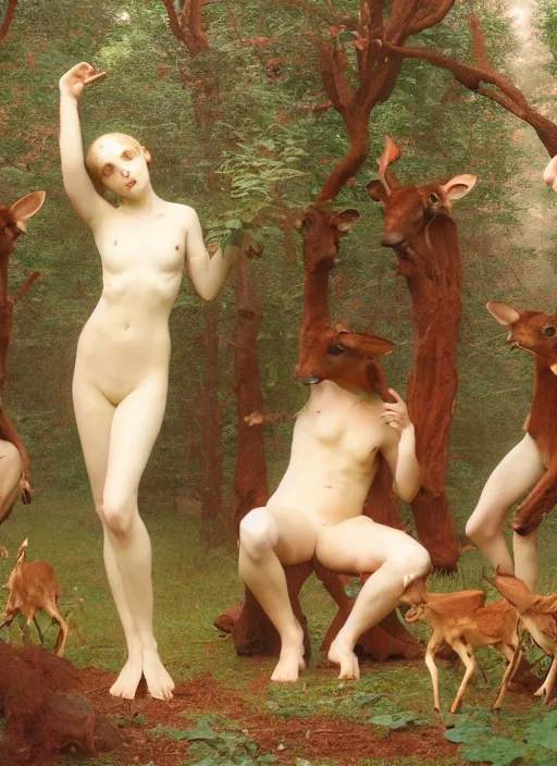 Image similar to photo of a pagan nymps dancing with fawns having a profound lifechanging psychedelic experience in a deep thorns bones bloody forest , by william-adolphe bouguereau and Austin Osman Spare and Takato Yamamoto, high resolution, rendered in octane 3d