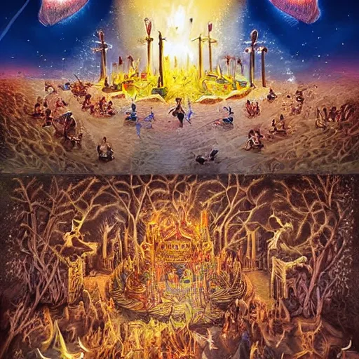 Image similar to desert festival called the sacrifice that occurs every ten years, during this event all members of society must make sacrifices on a large altar, fantasy art illustration, highly detailed and intricate