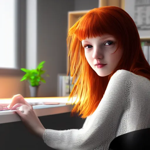 Prompt: cute young redhead girl sitting at her desk in bedroom, gaming pc, rgb led, soft round face, dslr, wlop, ultra realistic, perfect lighting, high contrast, bokeh, sharp details, hasselblad, detailed, trending on artstation