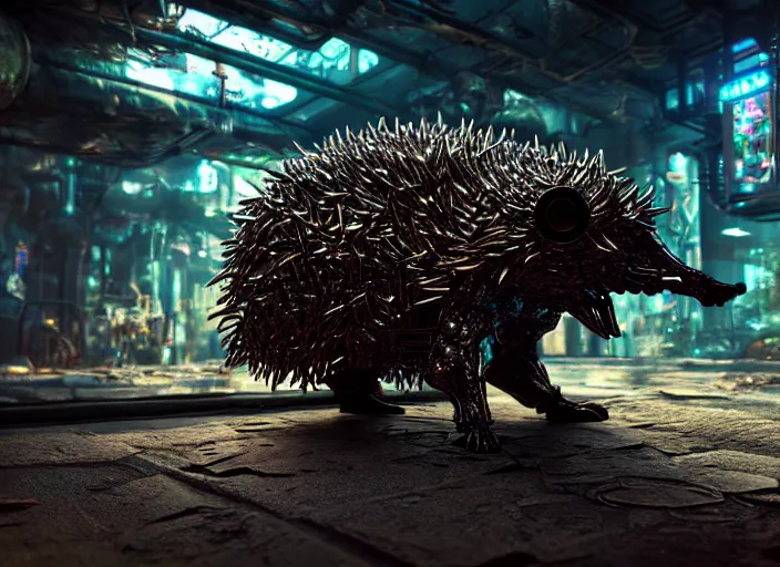 Image similar to intricate terminator hedgehog, on the background of a weird magical mechanical forest. Very detailed 8k. Fantasy cyberpunk horror. Sharp. Cinematic post-processing. Unreal engine. Nanite. Ray tracing. Parallax. Tessellation
