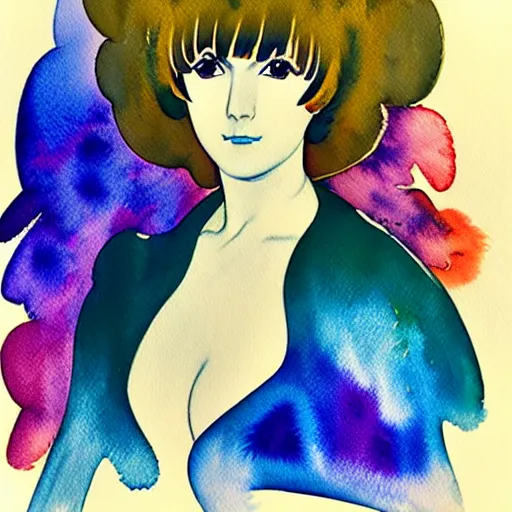 Prompt: vintage 7 0 s anime watercolor by jean arp, a portrait of a lady with colorful face - paint enshrouded in an impressionist watercolor, representation of mystic crystalline rift fractals in the background by william holman hunt, art by cicley mary barker, thick impressionist watercolor brush strokes, portrait painting by daniel garber, minimalist simple pen and watercolor