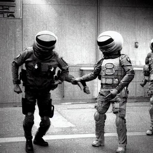 Image similar to extraterrestrial zeta reticulan grey alien, being arrested by spetsnaz