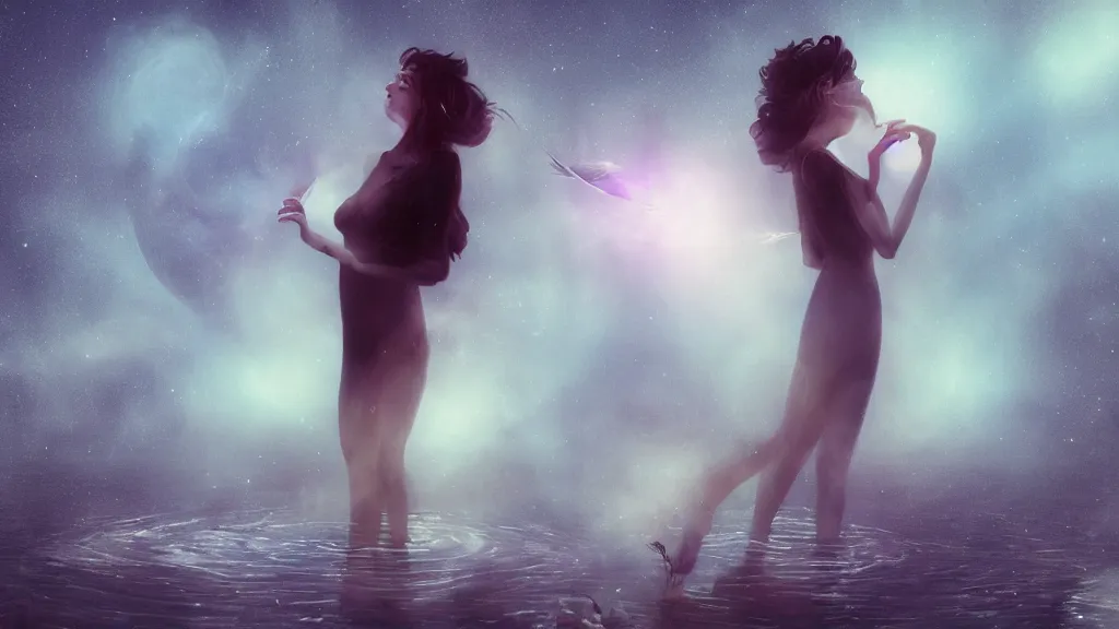 Image similar to whimsical, a beautiful playful woman, wearing professional makeup, standing in a lake, blowing trippy smoke, under the stars, with a binary black hole with a ring in the sky, by Lois van Baarle, by Greg Rutkowski, by Ilya Kuvsninov, cinematic angle, face enhance, volumetric lighting, cinematic lighting, digital art, 4k resolution, octane render, trending on artstation, masterpiece