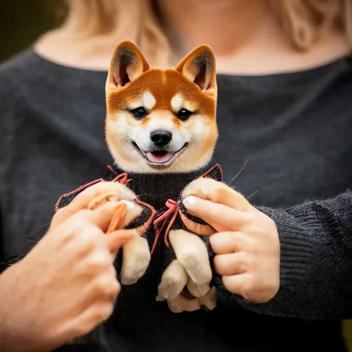 Image similar to shiba inu holding club in hands, ( eos 5 ds r, iso 1 0 0, f / 8, 1 / 1 2 5, 8 4 mm, postprocessed, sharp )