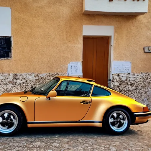 Image similar to Photo of a copper yellow Porsche 911 Carrera 3.2 parked in front of a cafe in Cyprus, daylight, dramatic lighting, award winning, highly detailed