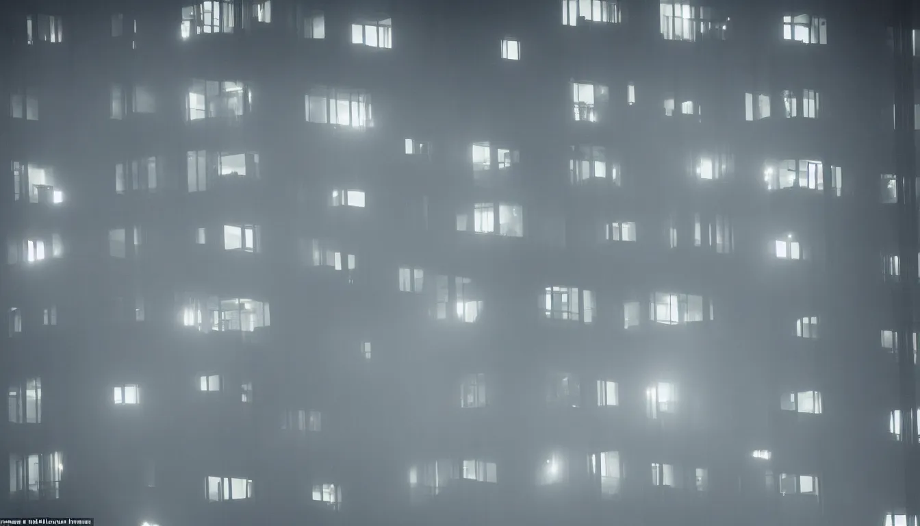 Prompt: Spying into the windows of a small tower block from outside , observing the private lives of the human inhabitants, volumetric lighting shines through the misty nighttime sky , full colour