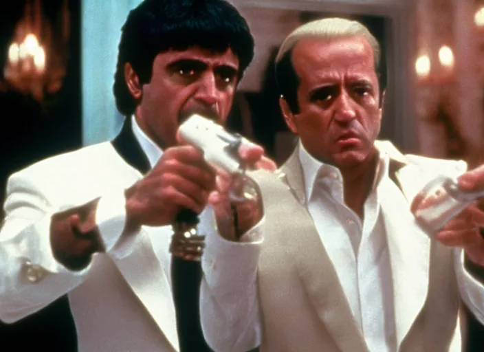 Image similar to film still of joe biden as tony montana in scarface movie, 8 k