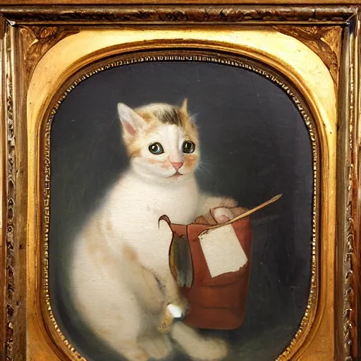 Image similar to an eighteenth century highly detailed oil painting of a kitten wearing a chef's outfit