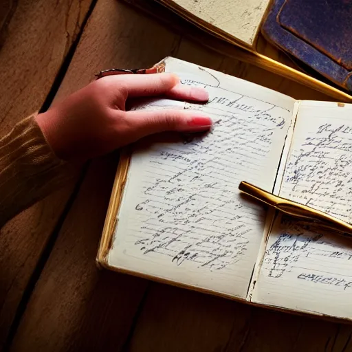 Image similar to a young woman finds a dusty diary on the floor of an old farmhouse, cinematic scene, movie, cinematic lighting