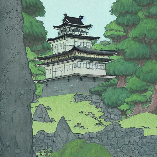 Image similar to japanese fortress in a city inside the forest by studio ghibli painting