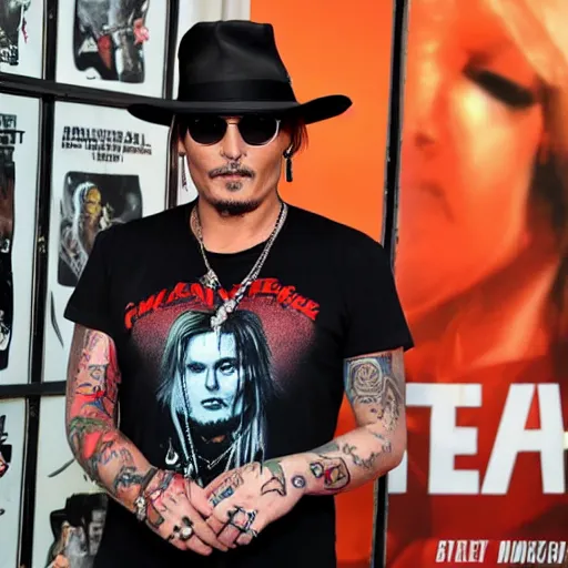 Prompt: johnny depp with a cool t - shirt that says comicsgate