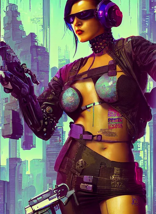 Image similar to cyberpunk woman in dress holding belt fed pistol. advertisement for pistol. cyberpunk ad poster by james gurney, azamat khairov, and alphonso mucha. artstationhq. painting with vivid color, cell shading. ( rb 6 s, cyberpunk 2 0 7 7 )