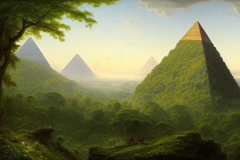 Prompt: a beautiful and highly detailed digital painting of a small pyramid far away behind a massive lush mountainous jungle, intricate details, epic scale, hyperdetailed, hyperrealism, artstation, cgsociety, 8 k, sharp focus, by caspar friedrich, albert bierstadt, james gurney,