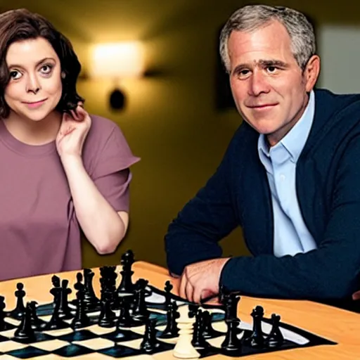 Image similar to rachel bloom playing chess against george w. bush