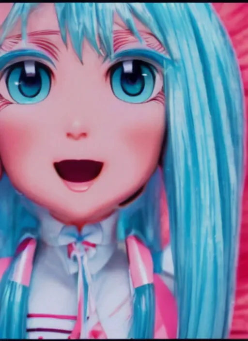 Prompt: highly realistic hatsune miku on vhs, 1 9 9 0, 9 0 s commerical