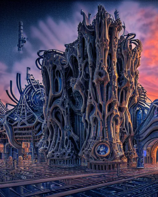 Image similar to a beautiful ultradetailed rendering of architecture arsenal industrial architecture by antoni gaudi, sci - fi galactic cosmic elysian landscape magic realism darkacademia junglepunk uv light, archdaily, wallpaper, highly detailed, trending on artstation.