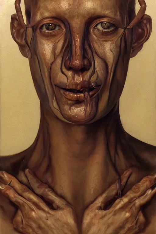 Prompt: beautiful clean oil painting biomechanical portrait of man face by vanessa beecroft, wayne barlowe, rembrandt, complex, stunning, realistic, skin color