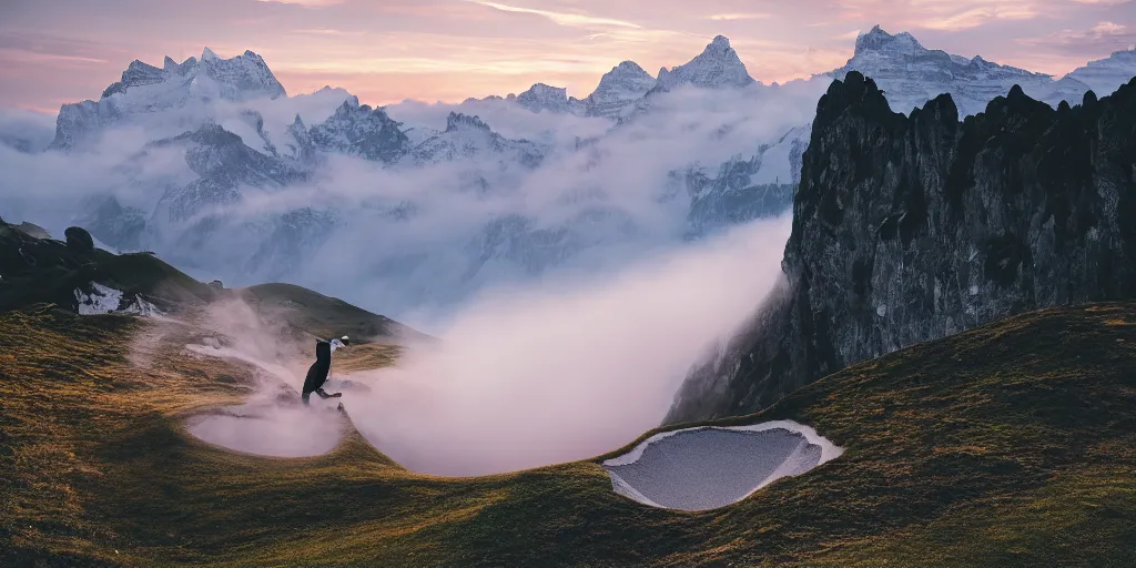 Prompt: a great photograph of the most amazing golf hole in the world, perfect light, over a cliff, in the swiss alps, high above treeline, ambient light, 5 0 mm, golf digest, top 1 0 0, fog