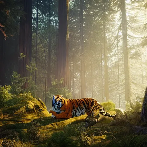 Image similar to tiger in a redwood forest, sunlit, octane render, matte, greg rutkowski, highly detailed, hdr