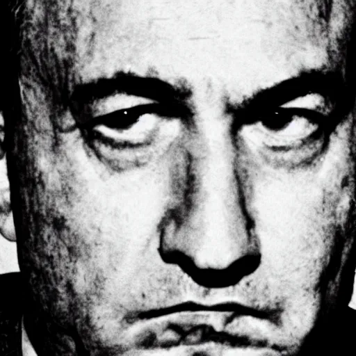 Prompt: a mugshot portrait of Bibi Netanyahu, terrified facial expression, heavy grain, high contrast black and white, low quality video camera security night vision