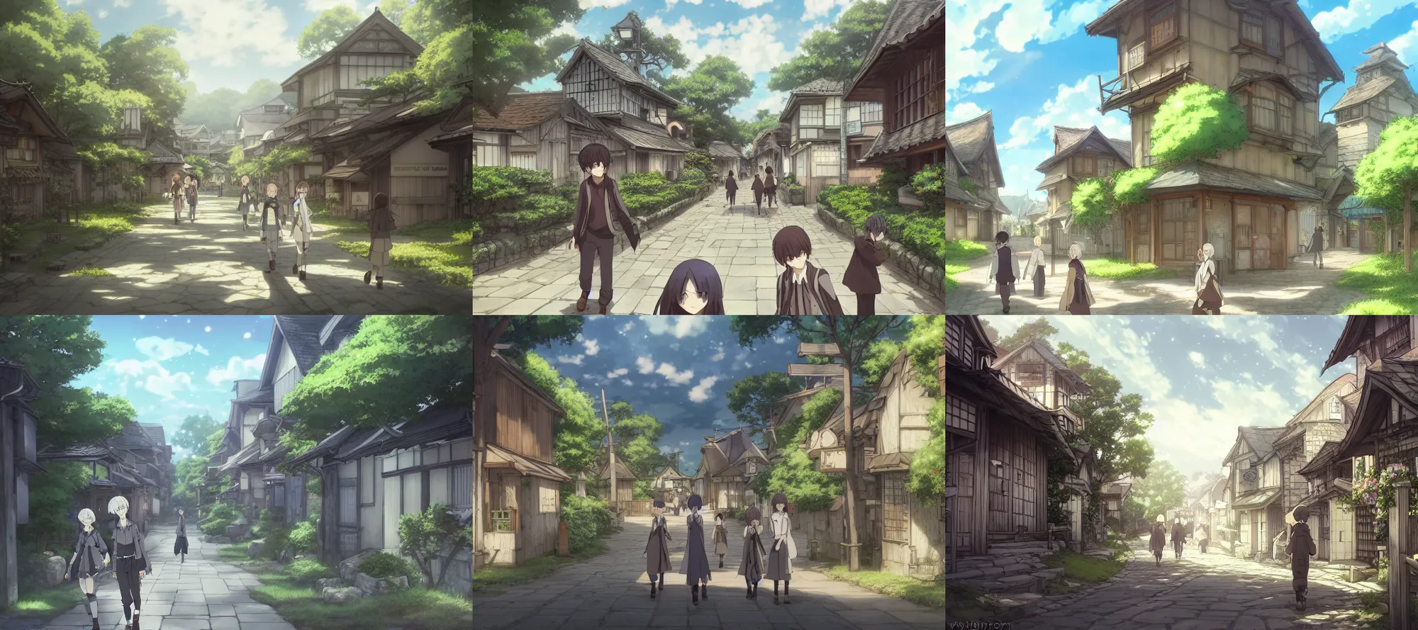 Prompt: people walking around a peaceful village, artstation, trending, deviantart, digital art, mesmerizing, beautiful, focus, smooth, concept art, beautiful, highly detailed, anime, by wit studio, mappa, ufotable, kyoto animation, artland, brain's base