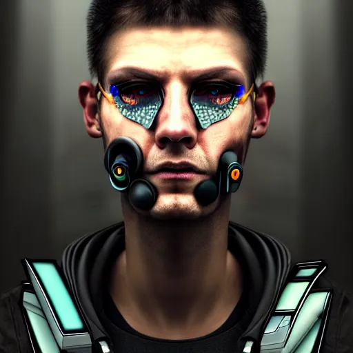 Prompt: realistic portrait of a cyberpunk man, realistic, detailed,