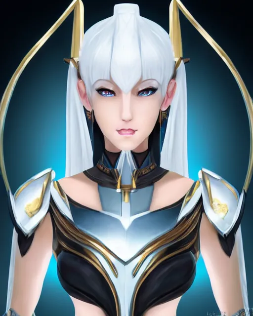 Image similar to perfect white haired attractive egyptian goddess, warframe armor, beautiful, symmetric, dreamy, half asian, pretty face, blue eyes, detailed, scifi platform, laboratory, experiment, 4 k, ultra realistic, epic lighting, android body, illuminated, cinematic, masterpiece, art by akihito tsukushi, voidstar