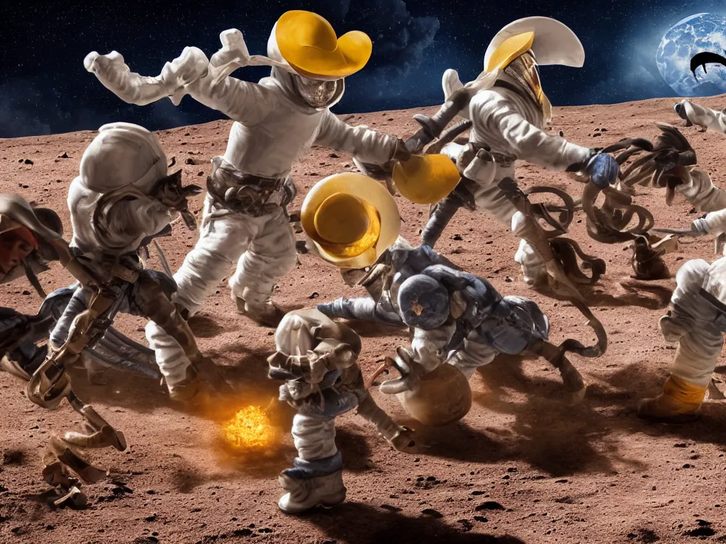 Prompt: cowboys and pirates fighting on the moon, High Definition detail, 8K, photograph