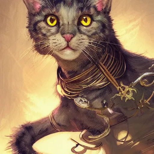 Image similar to A heraldic prince kitty cat with big cute eyes, D&D, fantasy, intricate, cinematic lighting, highly detailed, digital painting, artstation, concept art, smooth, sharp focus, illustration, art by Akihiko Yoshida, Greg Rutkowski and Alphonse Mucha