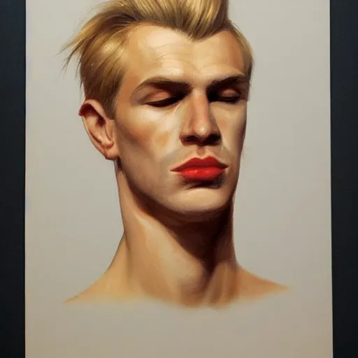 Image similar to a realistic portrait of a blonde man, chiseled jawline, big lips, 1 2 0 0 bc, edward hopper, trending on artstation