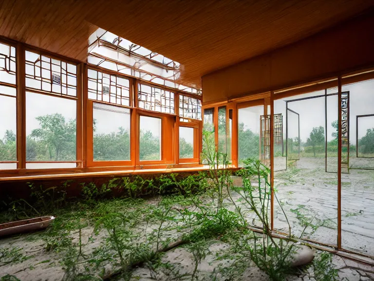 Image similar to hyperrealism design by frank lloyd wright and kenzo tange photography from 5 point of perspective of beautiful detailed small solarpunk house with many details in small detailed ukrainian village designed by taras shevchenko and wes anderson and caravaggio, wheat field behind the house, around the forest volumetric natural light