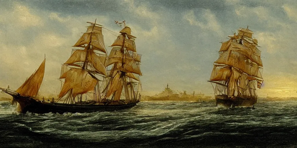 Prompt: portrait of a victorian ship sailing down a river, 1 9 th century, highly detailed, cinematic lighting, painting in the style of john ward