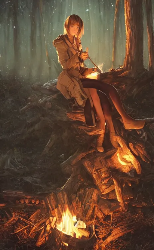 Prompt: a girl from final fantasy live action, with short black hair and green eyes in a tan trenchcoat sitting on a log and drinking tea by the campfire by her steampunk motorcycle at night under the stars, evocative, mystical night, very very very very detailed, award winning, masterpiece digital painting by greg rutkowski, alex grey, artstation, 4 k wallpaper