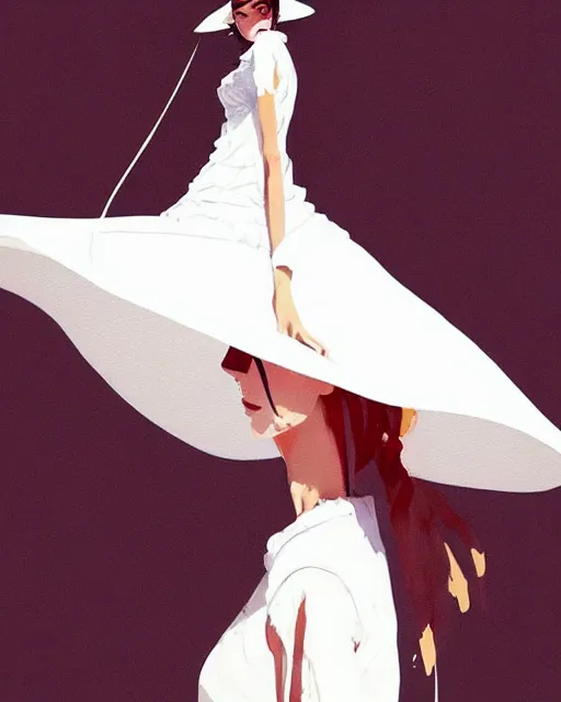 Image similar to a ultradetailed beautiful painting of a stylish woman wearing a white dress with a sun hat, by conrad roset, greg rutkowski and makoto shinkai trending on artstation