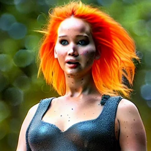 Image similar to still of Jennifer Lawrence as orange-haired Leelu in a remake of The Fifth Element (2029)