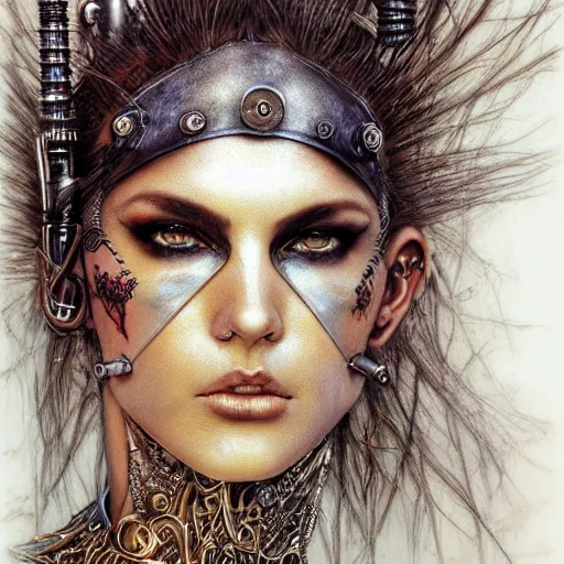 Image similar to an award finning closeup facial portrait by luis royo and john howe of a bohemian female cyberpunk traveller clothed in excessively fashionable 8 0 s haute couture fashion and wearing ornate art nouveau body paint