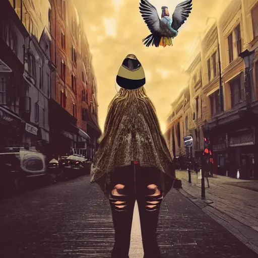 Image similar to Digital art of a woman riding a giant pigeon in the city skies