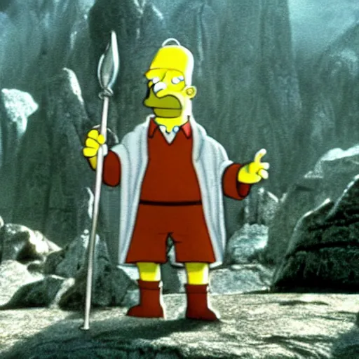 Prompt: homer simpson as gandalf, still from movie the lord of the rings : the fellowship of the ring