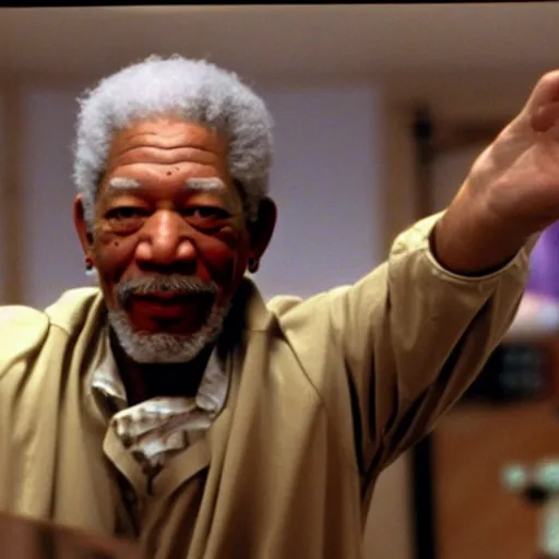 Prompt: a still of Morgan Freeman as the Dude in the bowling alley in The Big Lebowski (1998)