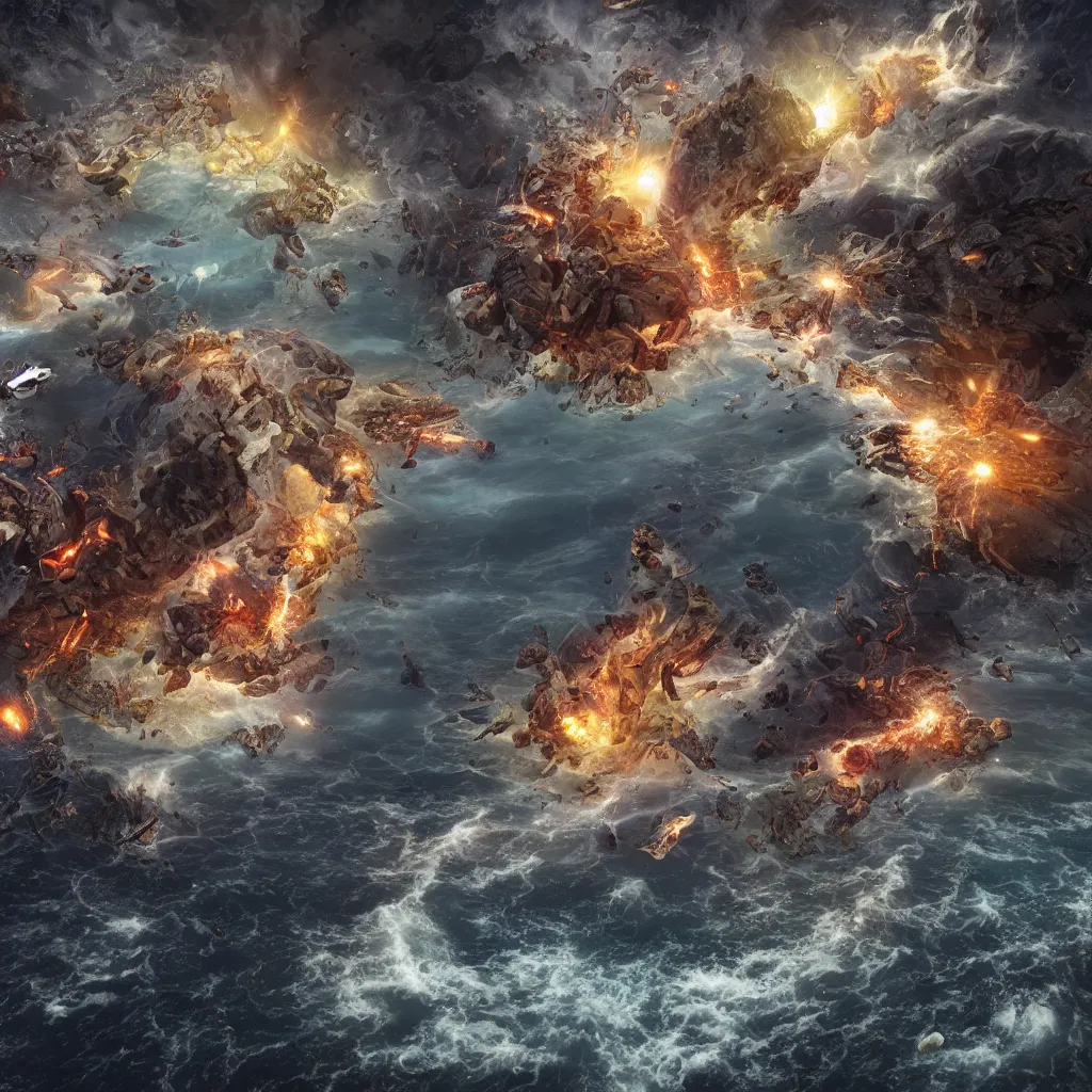 Prompt: two characters clashing & fighting over planet earth, with stars & space beyond, one side water & waterspouts & one side fire & volcano, octane render, future, m. c. escher