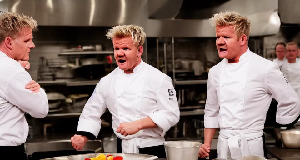 Image similar to photo of angry furious Gordon Ramsay punching Gordon Ramsay at the kitchen