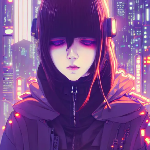 Image similar to by kyoto animation, cool girl wearing cyberpunk intricate streetwear, beautiful, detailed symmetrical close up portrait, intricate complexity, in the style of artgerm and ilya kuvshinov, cell shaded, 4 k, concept art, by wlop, krenz cushart, greg rutkowski, pixiv. cinematic dramatic atmosphere, cinematic lighting, studio quality