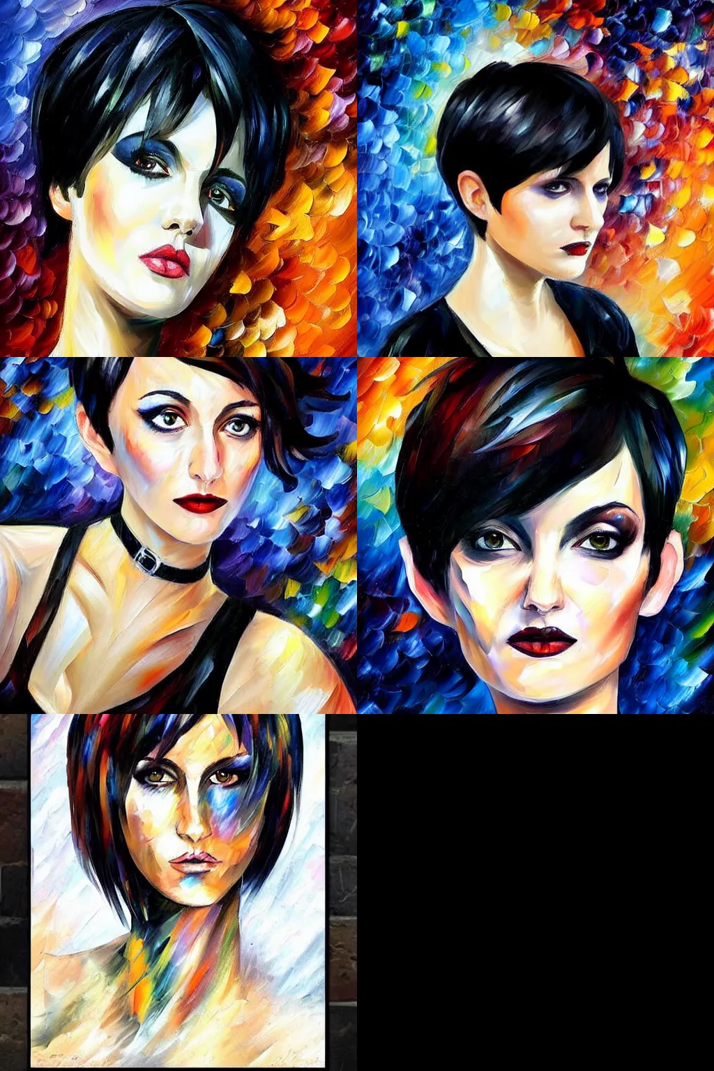 Prompt: goth painted by leonid afremov. high - quality character portrait. short dark brown messy pixie haircut, large black eyes, slightly rounded face, pointed chin, small nose, black tank top, black leather jacket, black knee - length skirt, black choker.